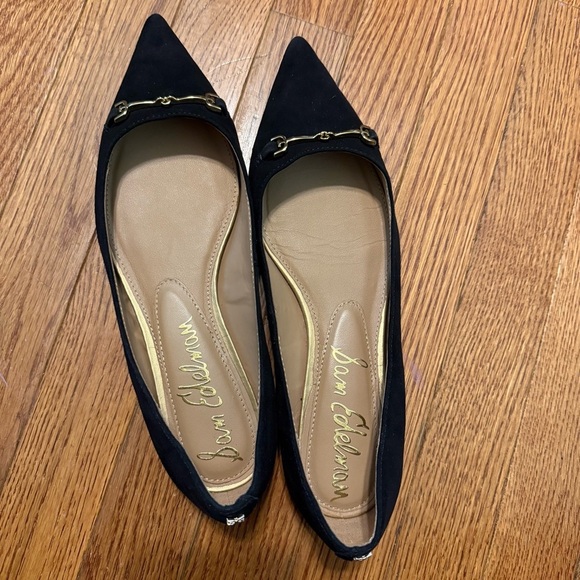 Sam Edelman Women sz 9 Suede Nori Pointed Ballet Flats black gold buckle office - Picture 3 of 11